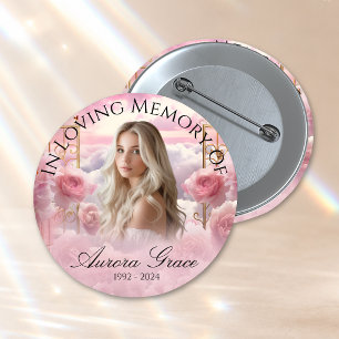 In Liebe Erinnerung Rosa Rosen Foto Button Pin