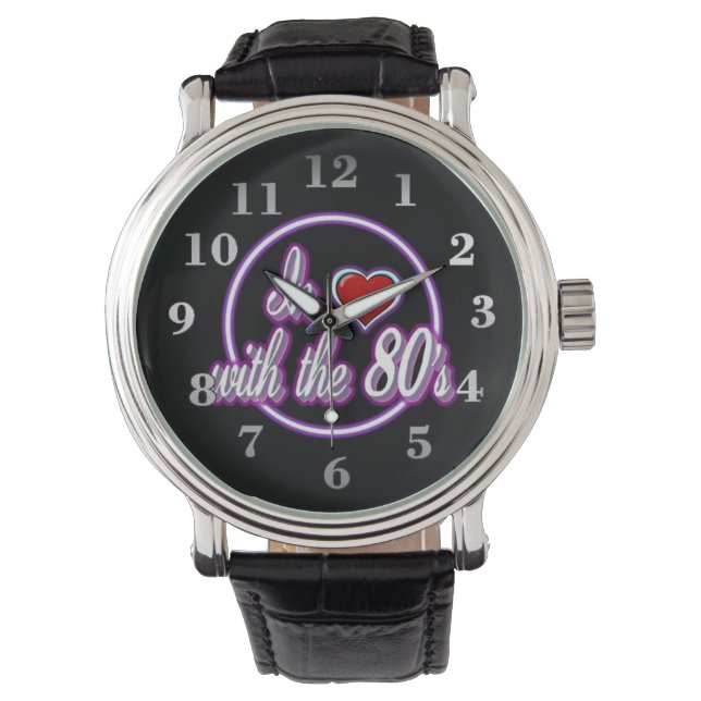 In Liebe mit der 80er Retro Lila Neon Logo-Uhr Armbanduhr (Vorderseite)