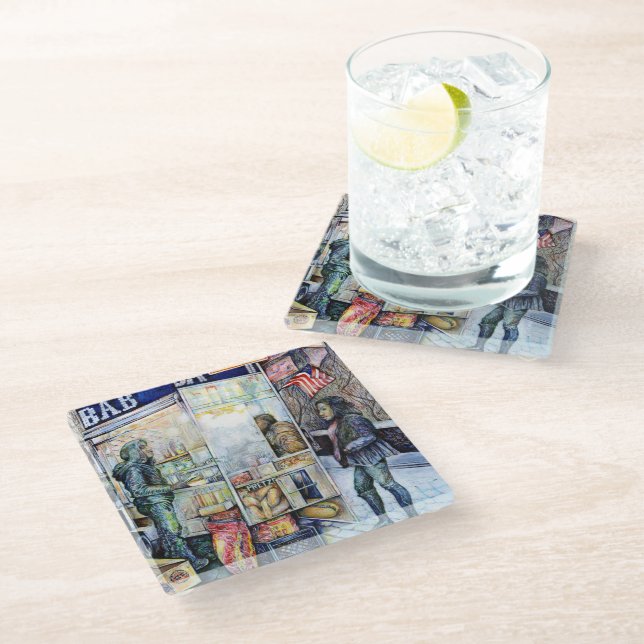 in Liebe mit Schwierigkeiten und in Schwierigkeite Glasuntersetzer (Schrägansicht)