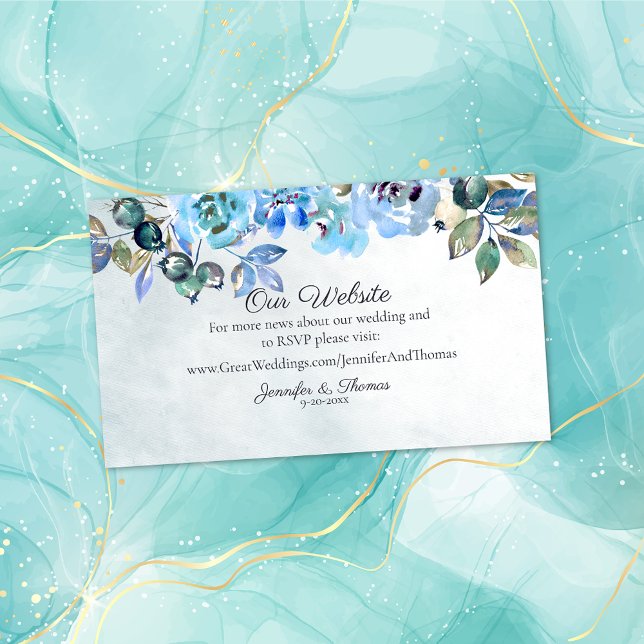 In Liebe Watercolor Blue Floral Wedding Website Begleitkarte (Von Creator hochgeladen)