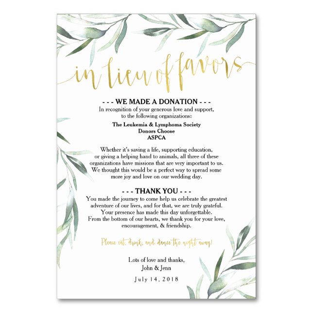 In Lieu of Favors for Jenn Tischnummer (Vorderseite)