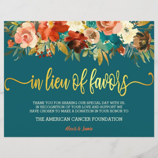 In Lieu of Favors Sign - Aquamarin & Orange Weddin (Vorderseite)