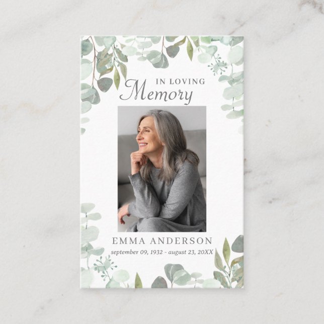 In Love Memory | Beerdigungskarte für grünes Foto Visitenkarte (Vorderseite)