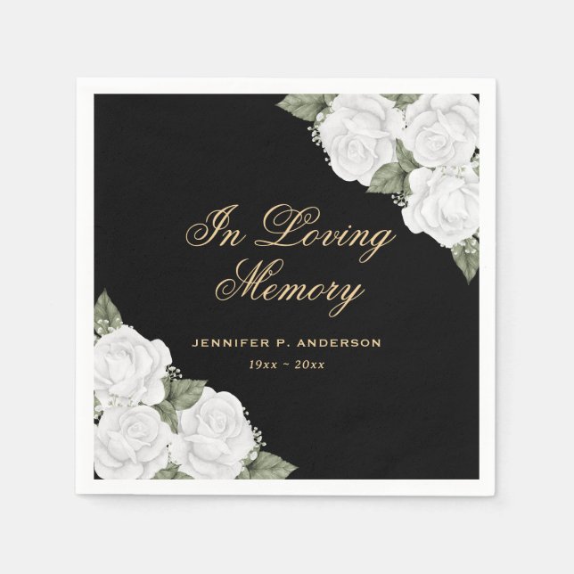 In Love Memory Black and White Floral Beerdigung Serviette (Vorderseite)