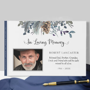 In Love Memory Blue Rustic Floral Beerdigung Foto Gästebuch
