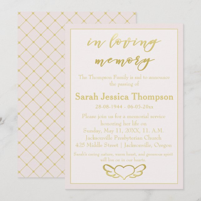 In Love Memory - Blush & Gold Memorial Service Einladung (Vorne/Hinten)