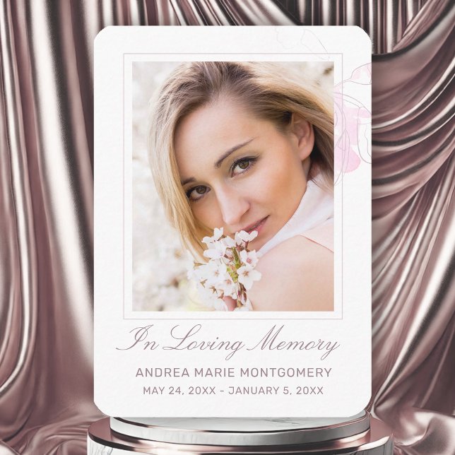 In Love Memory Blush Pink Foto Beerdigung Visitenkarte (Modern Elegant Cherry Blossom Watercolor Photo Funeral Card for Women)