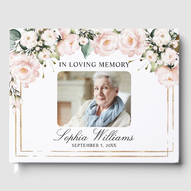 In Love Memory Blush Rose Blume Beerdigung Gästebuch (Vorderseite)