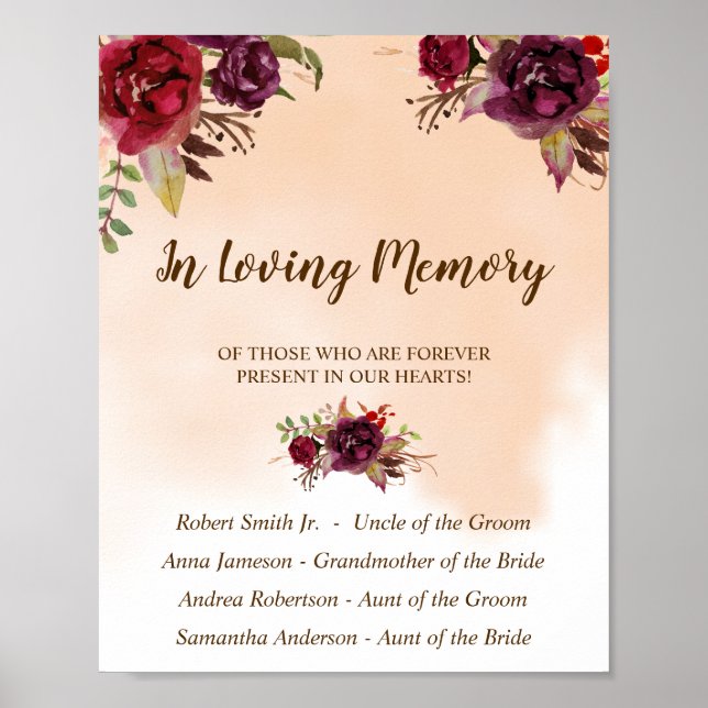In Love Memory Burgundy Blume Hochzeit-Zeichen Poster (Vorne)