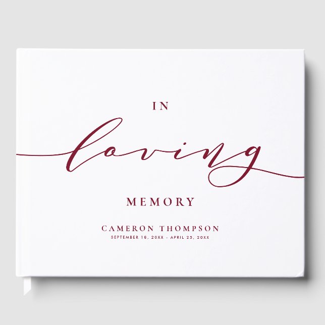 In Love Memory Burgundy Dainty Script Beerdigung Gästebuch (Vorderseite)