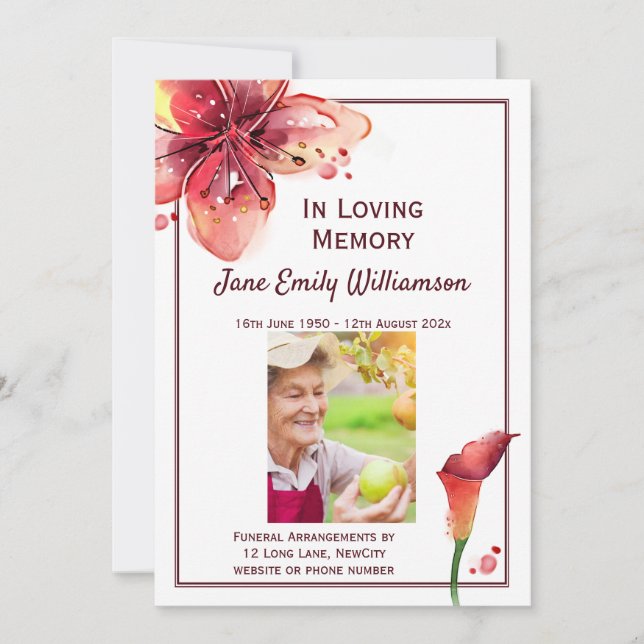 In Love Memory Calla Lily Beerdigung Ankündigung (Vorderseite)