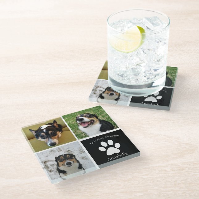 In Love Memory Custom Dog Foto Collage Halten Glasuntersetzer (Schrägansicht)