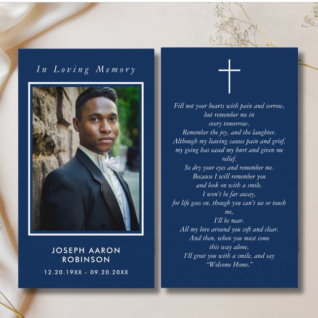 In Love Memory Foto Beerdigung Blue Prayer Card Visitenkarte (Von Creator hochgeladen)