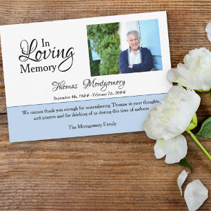 In Love Memory Foto Elegantes Script Blue Beerdigu Dankeskarte
