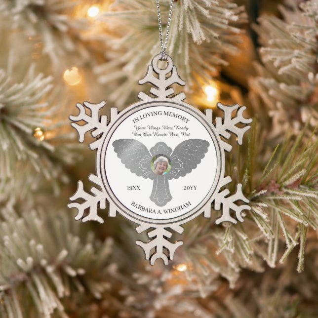 In Love Memory Foto Keepake Cross mit Wings S Schneeflocken Zinn-Ornament (Baum)
