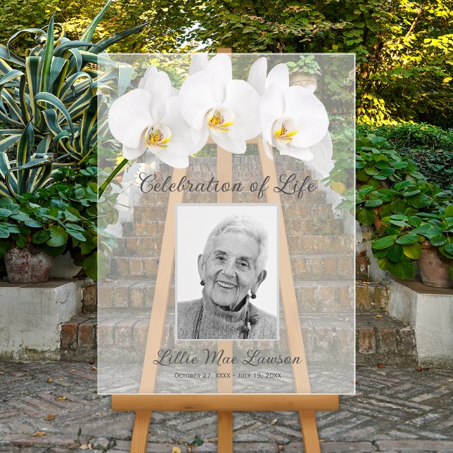 In Love Memory Foto Memorial Beerdigung Acrylschild (Celebration of Life white orchids and photo memorial funeral ACRYLIC sign)