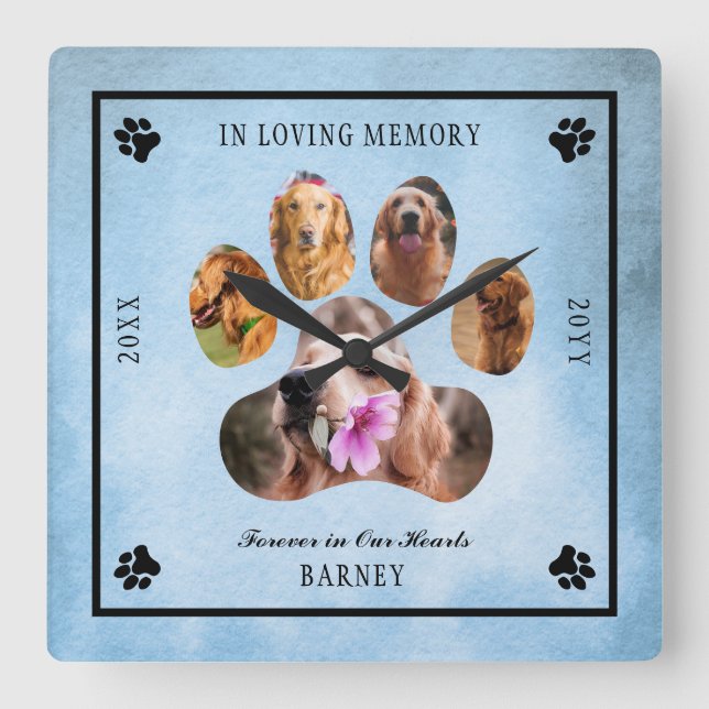 In Love Memory Foto Pet Memorial -    Blue Black Quadratische Wanduhr (Vorderseite)