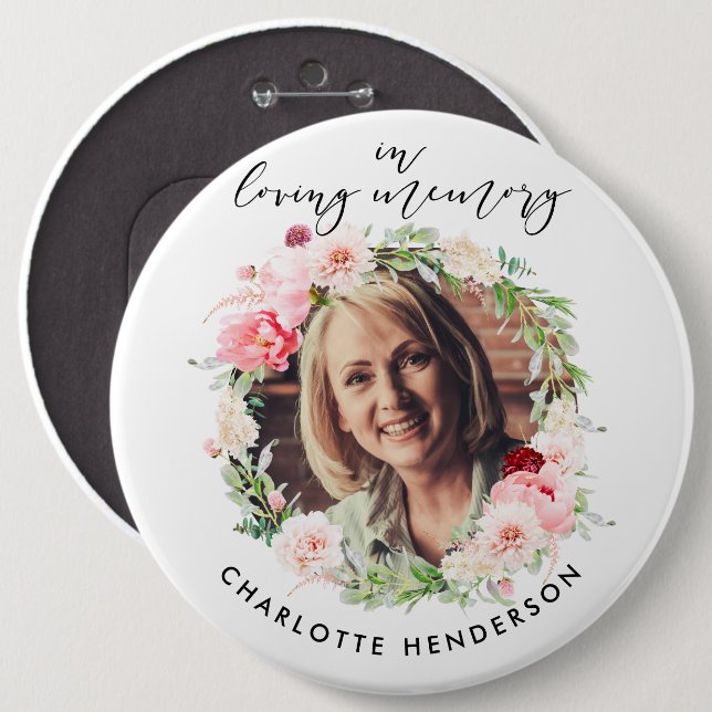 "In Love Memory" Foto & Pink Peonies Tribute Button (Vorne & Hinten)