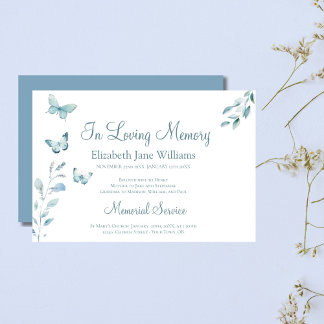 In Love Memory Funeral Dusty Blue Butterfly Einladung