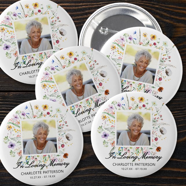 In Love Memory Funeral Memorial Wildblumen Button (In Loving Memory funeral memorial photo on wildflowers button pin)
