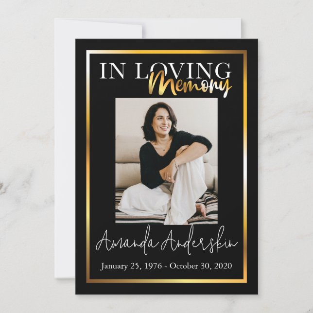 In Love Memory Gold Beerdigung Memorial Foto Einladung (Vorderseite)