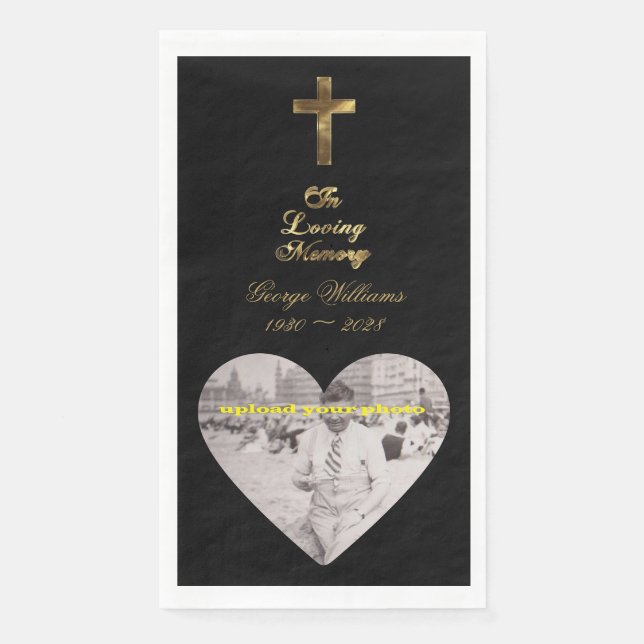 In Love Memory Golden Cross Heart Form Foto Serviette (Vorderseite)