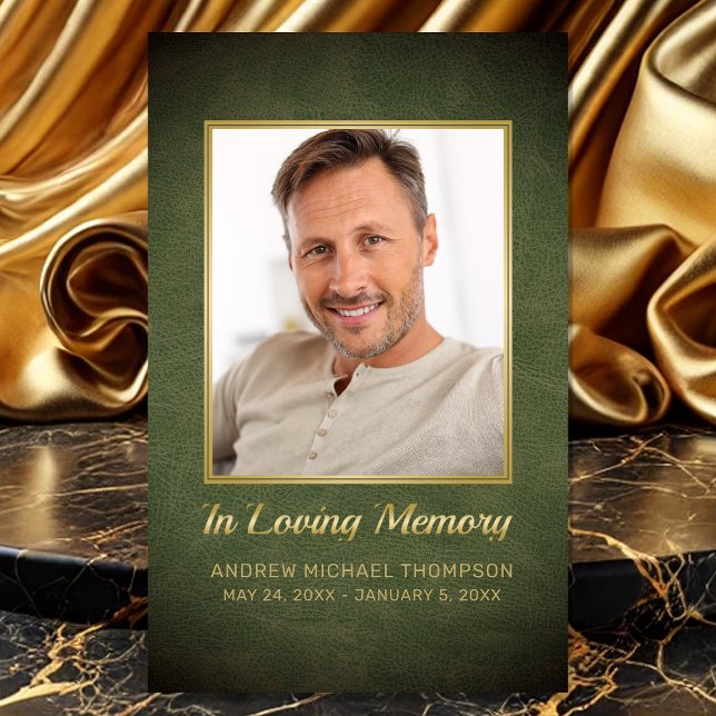 In Love Memory Green Gold Foto Begräbniskarte Visitenkarte (Sympathy Green Faux Leather In Loving Memory Photo Funeral Card with Custom Poem)