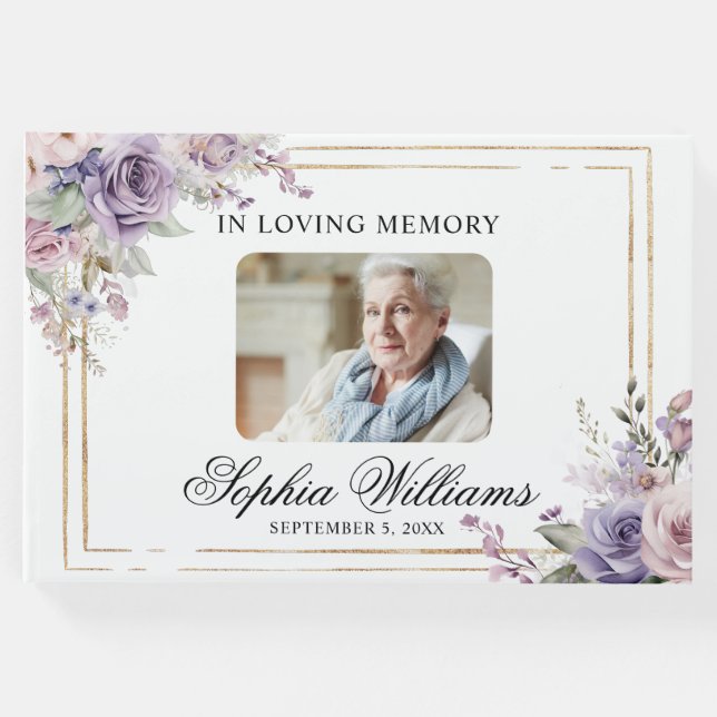 In Love Memory Lila & Blush Pink Rose Beerdigung Gästebuch (Vorderseite)