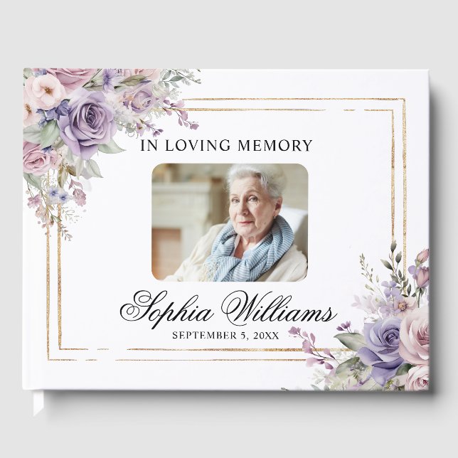 In Love Memory Lila & Blush Pink Rose Beerdigung Gästebuch (Vorderseite)