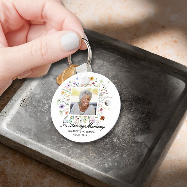 In Love Memory Memorial Foto-Wildblumen Schlüsselanhänger (In Loving Memory Photo with wildflowers keepsake double-sided keychain)