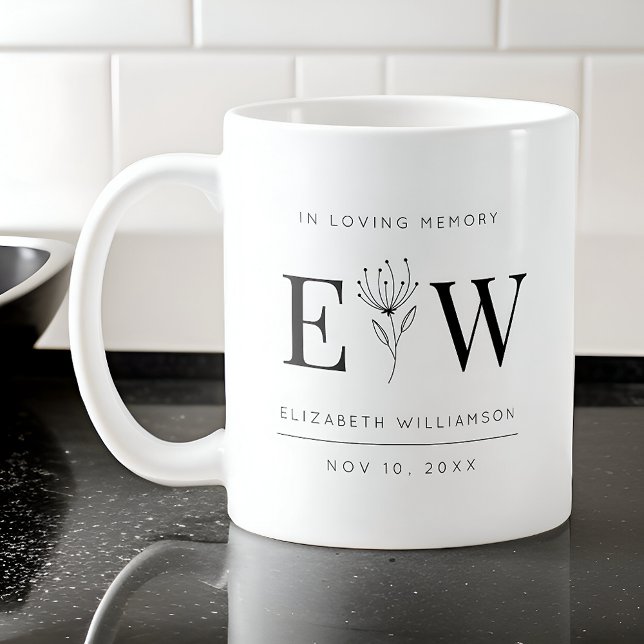 In Love Memory Memorial Moderne Monogram Foliage Kaffeetasse (Von Creator hochgeladen)