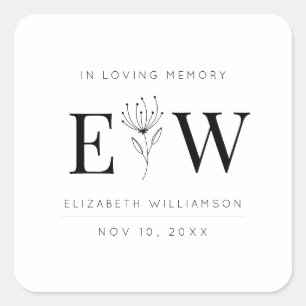 In Love Memory Memorial Moderne Monogram Foliage Quadratischer Aufkleber