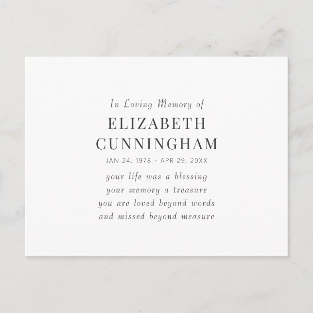 In Love Memory Memorial Modernes einfaches Angebot Postkarte (Vorderseite)