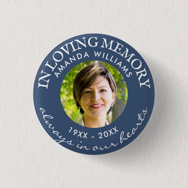 In Love Memory Modern Navy Blue Foto Memorial Button (Vorderseite)