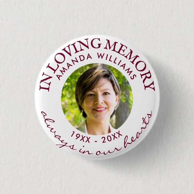 In Love Memory Modern White Foto Memorial Red Button (Vorderseite)