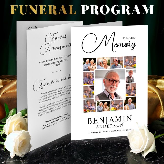 In Love Memory Obituary Foto Collage Beerdigung Programm (Elegant Funeral Program Template Foldable – Celebration of Life,Obituary,Photo Collage, )