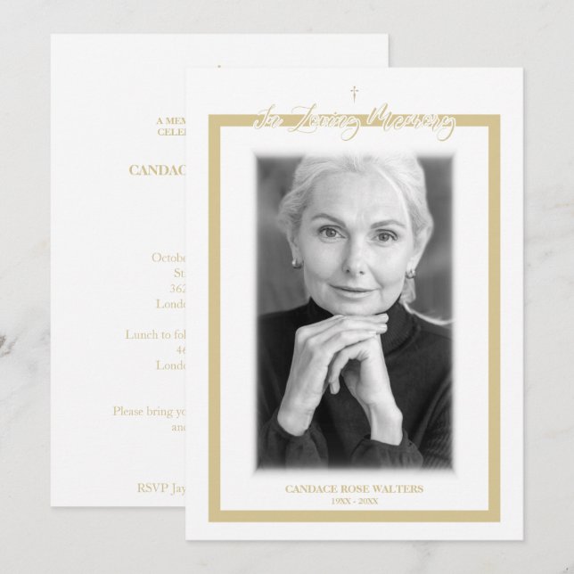 In Loving Memory B&W Golden Photo Service Dear Mitteilungskarte (Vorne/Hinten)