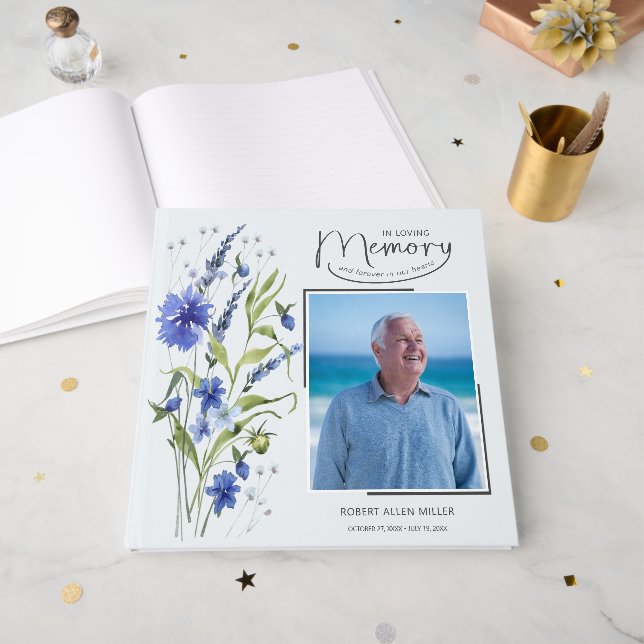 In Loving Memory Blue Floral Funeral Guest Book Gästebuch (Vorderseite offen)