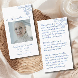In Loving Memory Blue Floral Photo Prayer Card Visitenkarte