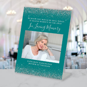 In-Loving-Memory-Foto Teal Blau Silber Hochzeit Sockelschild