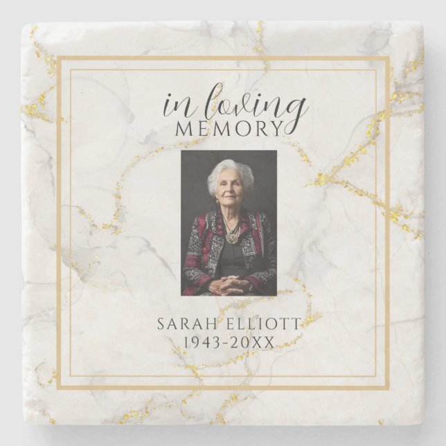 In Loving Memory mit Foto | Marmorgold Steinuntersetzer (Vorderseite)