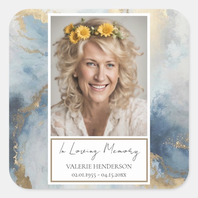 In Loving Memory Photo Gold Blue Sticker (Vorderseite)