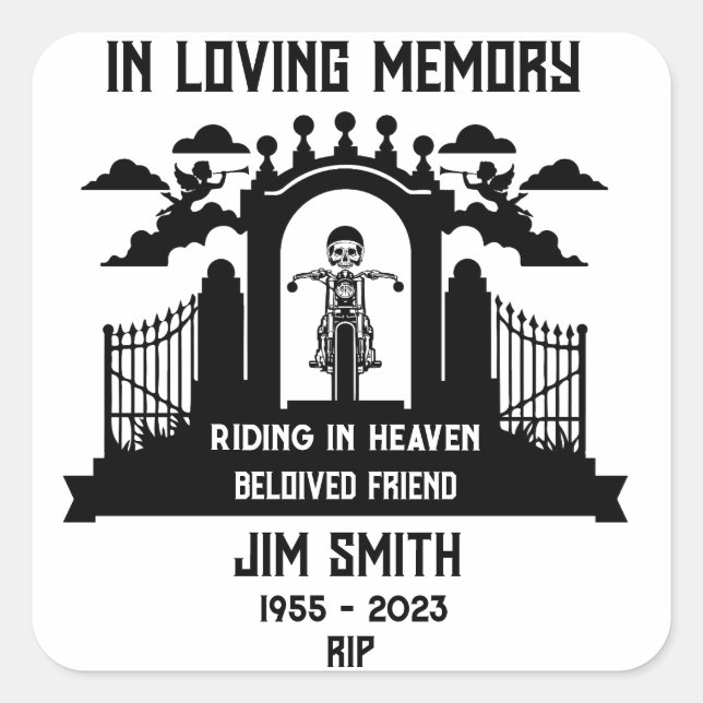 In Memory Motorradfahrer-Beerdigung Quadratischer Aufkleber (Vorderseite)
