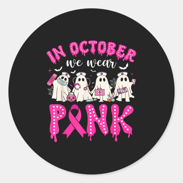 In October We Wear Nk Ribbon Ghost Nurse Halloween Runder Aufkleber (Vorderseite)