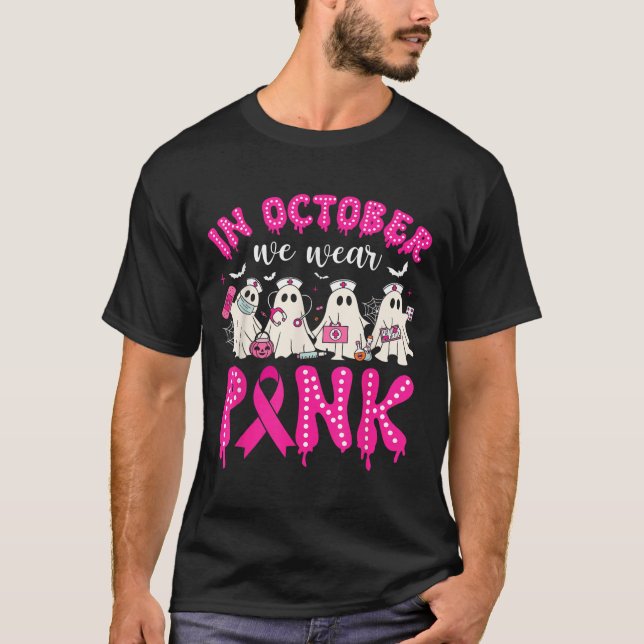 In October We Wear Nk Ribbon Ghost Nurse Halloween T-Shirt (Vorderseite)