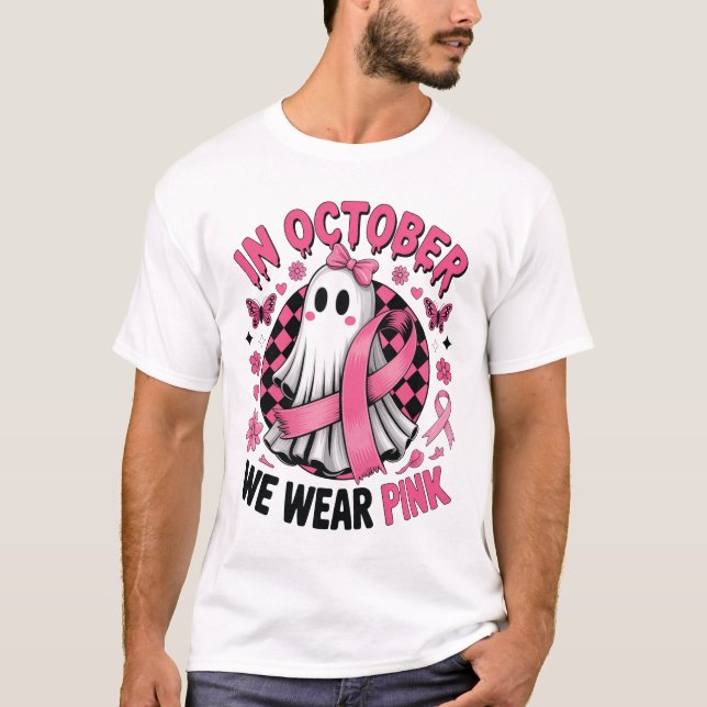 In October We Wear Pink Ghost Witch Breast Cance T-Shirt (Vorderseite)