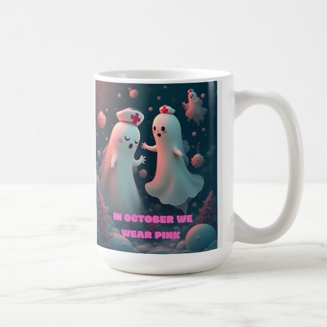 In October We Wear Pink Nurse Ghost Halloween 2025 Kaffeetasse (Rechts)