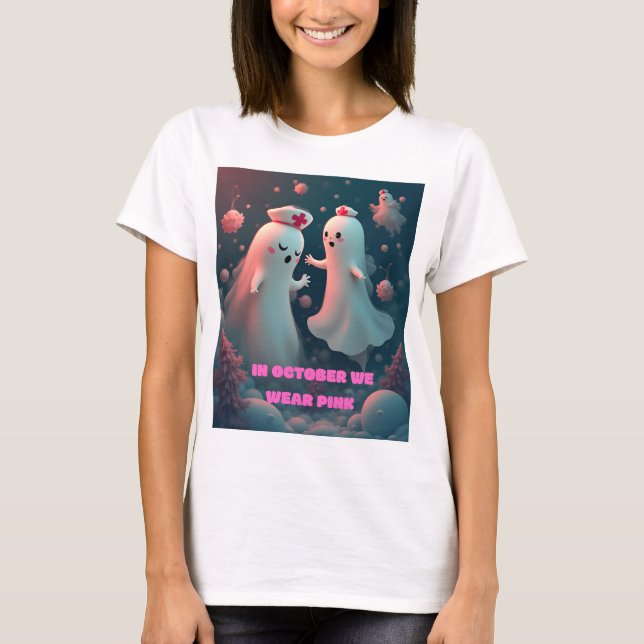 In October We Wear Pink Nurse Ghost Halloween 2025 T-Shirt (Vorderseite)