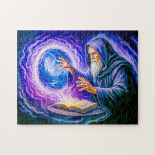 In Öl gemalter Fantasy-Zauberer beim Öffnen eines Puzzle