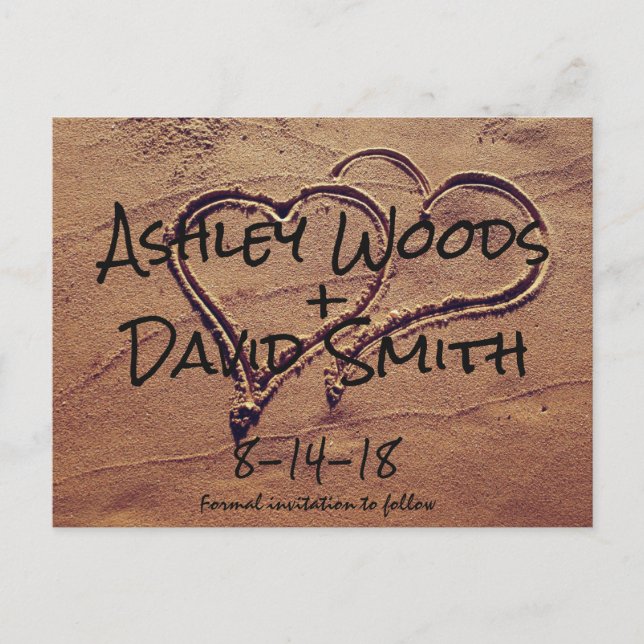 In Sand Save the Date Gezeichnet Herzen Postkarte (Vorderseite)